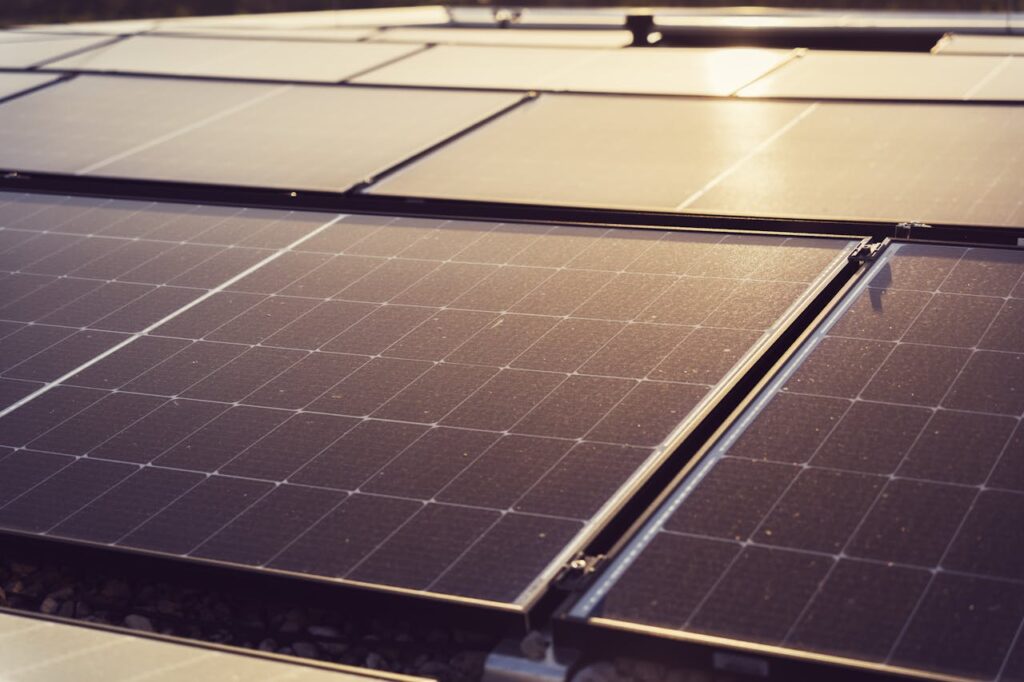 Detailed view of solar panels capturing sunlight, highlighting renewable energy technology.